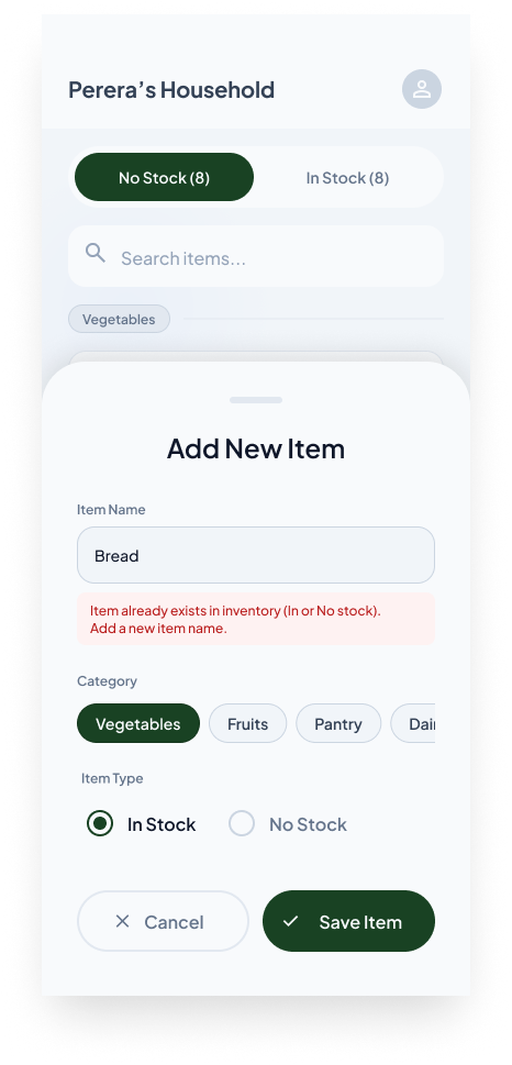 Add New Item modal with inline duplication validation and In Stock default